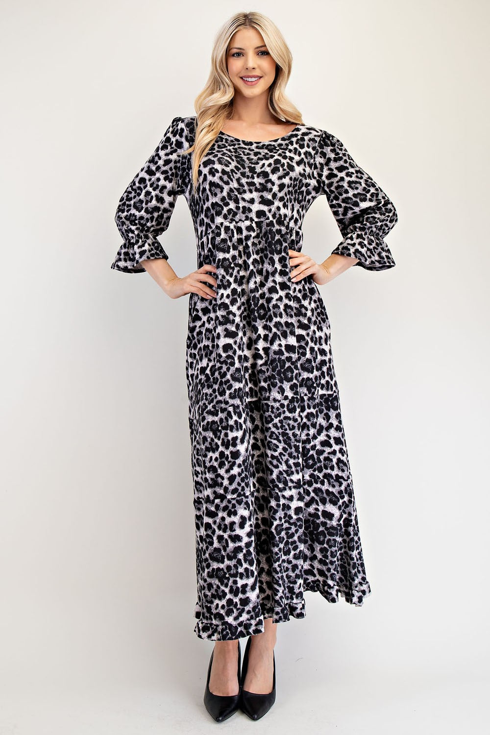 Blue Zone Planet | Celeste Full Size Leopard Round Neck Flounce Sleeve Dress-TOPS / DRESSES-[Adult]-[Female]-Grey Leopard-S-2022 Online Blue Zone Planet