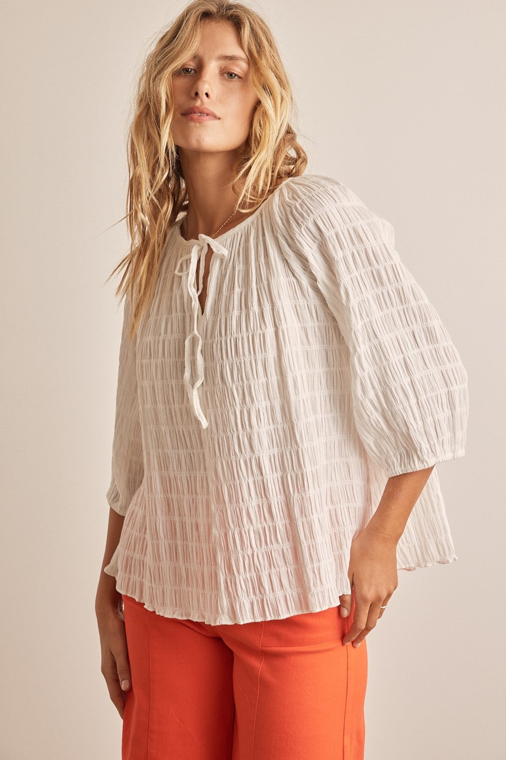 In February Textured Tie Neck Blouse-TOPS / DRESSES-[Adult]-[Female]-Off White-S-2022 Online Blue Zone Planet