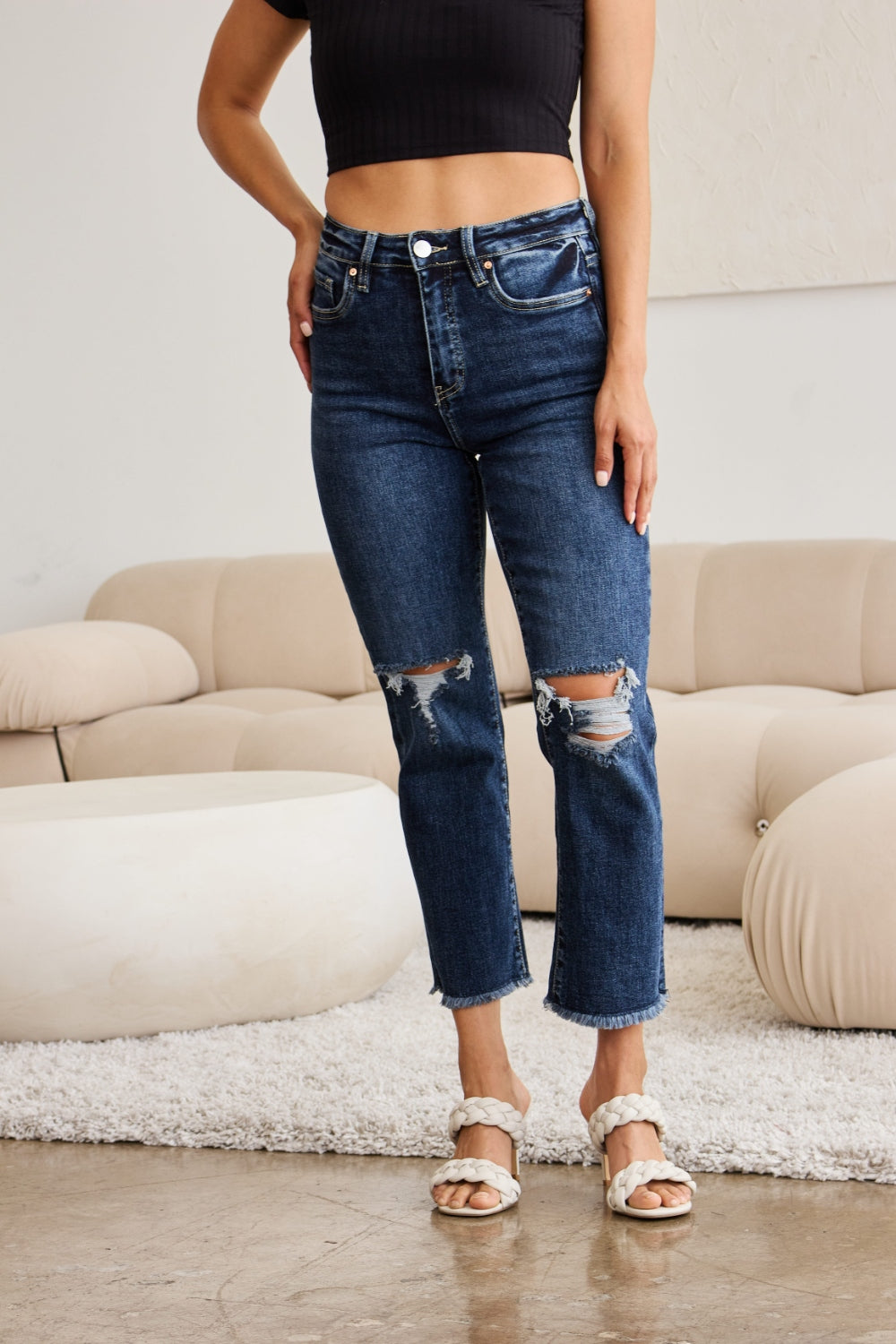 RFM Crop Dylan Full Size Tummy Control Distressed High Waist Raw Hem Jeans-BOTTOM SIZES SMALL MEDIUM LARGE-[Adult]-[Female]-2022 Online Blue Zone Planet