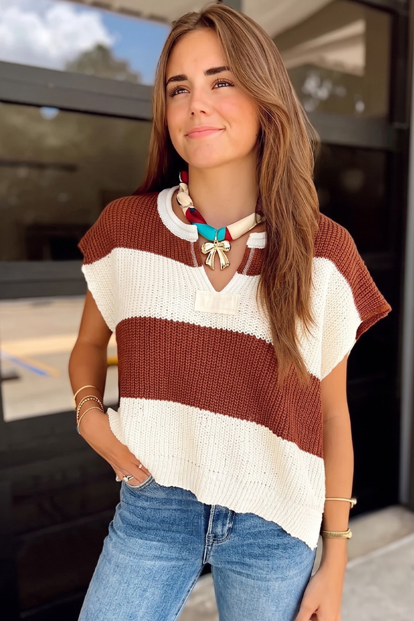 Brown Stripe Striped Colorblock Knit V Neck Short Sleeve Loose Sweater-Sweaters & Cardigans/Short Sleeve Sweaters-[Adult]-[Female]-2022 Online Blue Zone Planet