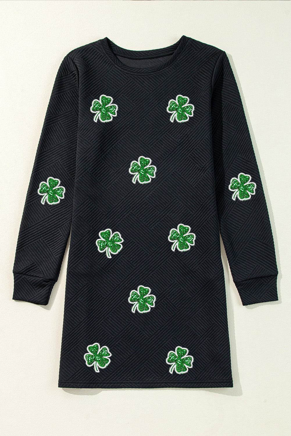 Black St Patricks Clover Patched Graphic Textured Long Sleeve Dress-Graphic Apparel-[Adult]-[Female]-2022 Online Blue Zone Planet