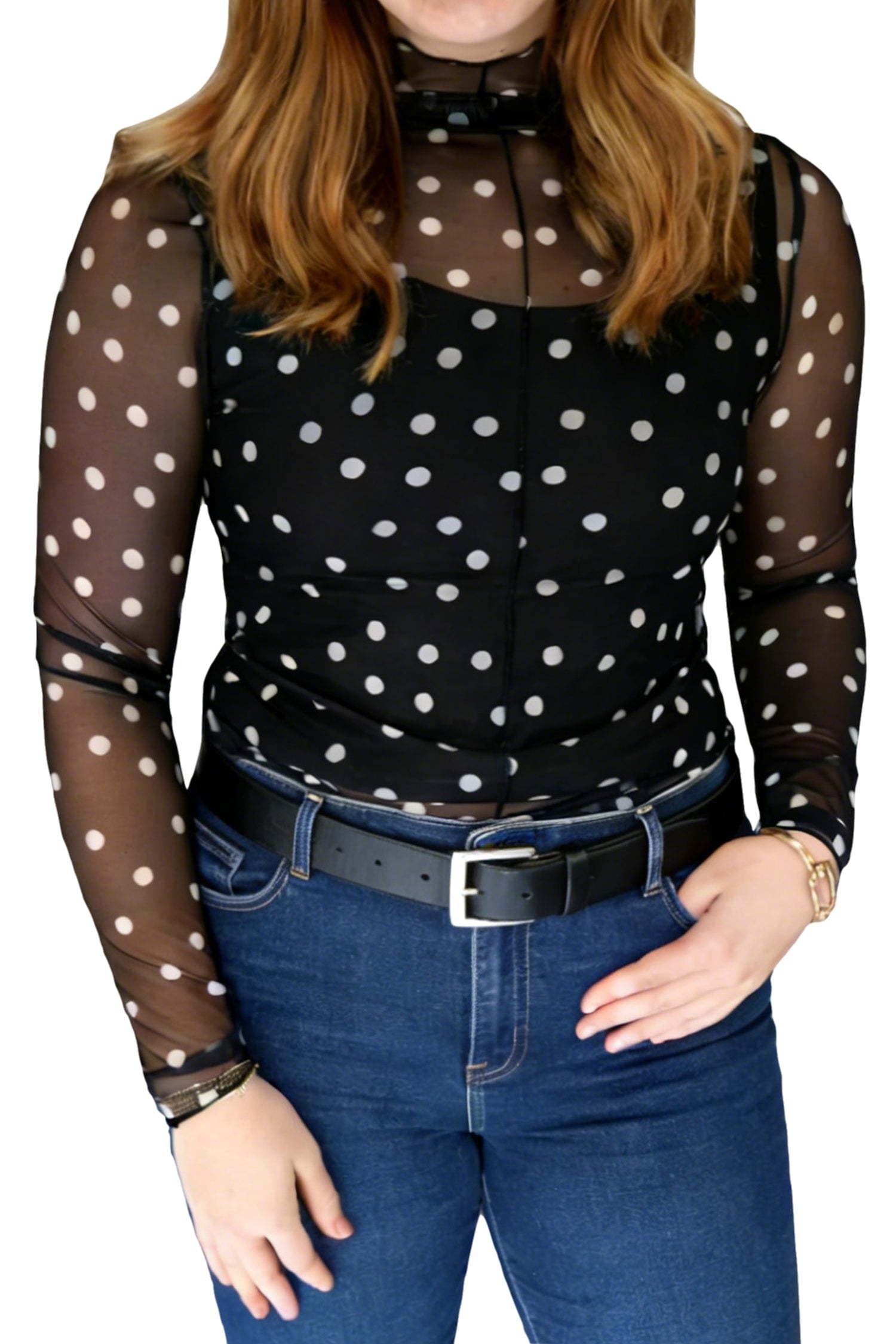 Black Plus Size Mock Neck Polka Dot Long Sleeve Mesh Top-Plus Size/Plus Size Tops/Plus Size Long Sleeve Tops-[Adult]-[Female]-2022 Online Blue Zone Planet