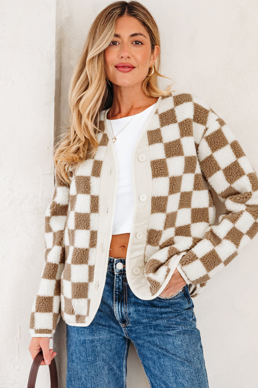 Brown Checkered Sherpa Buttoned Front Chunky Jacket-Outerwear/Jackets-[Adult]-[Female]-2022 Online Blue Zone Planet