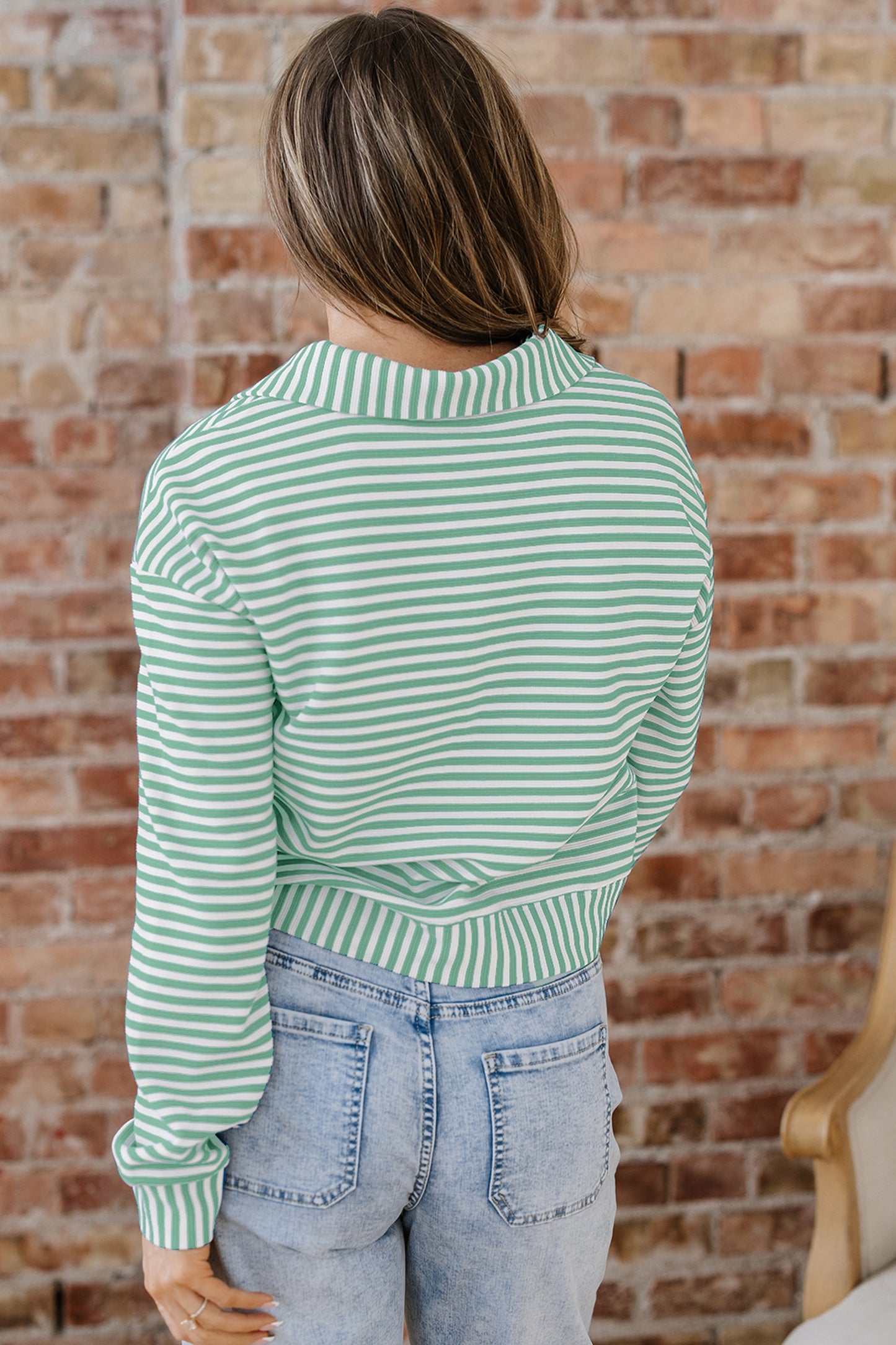 Green Stripe Quarter Zip Collar Pullover Long Sleeve Top-Tops/Long Sleeve Tops-[Adult]-[Female]-2022 Online Blue Zone Planet