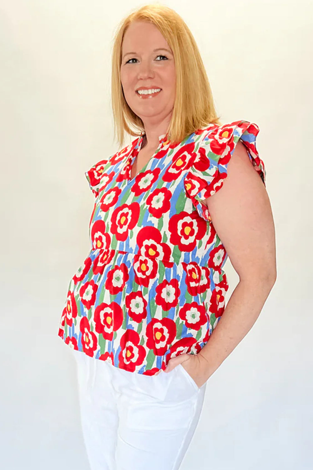 Red Plus Size Floral Print Ruffle Trim Split Neck Peplum Top-Plus Size/Plus Size Tops/Plus Size Blouses & Shirts-[Adult]-[Female]-2022 Online Blue Zone Planet