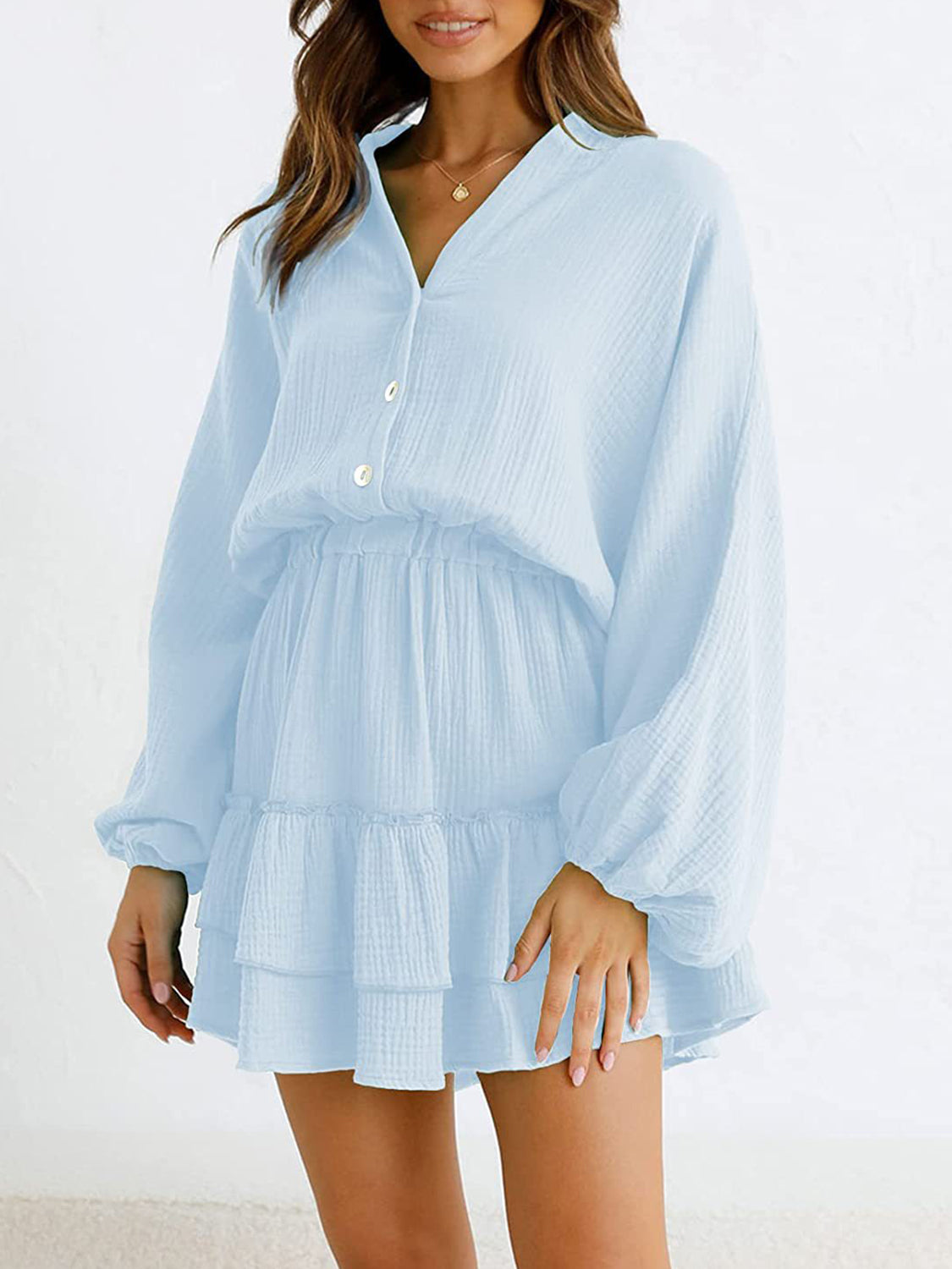 Ruffled Notched Balloon Sleeve Mini Dress-TOPS / DRESSES-[Adult]-[Female]-2022 Online Blue Zone Planet