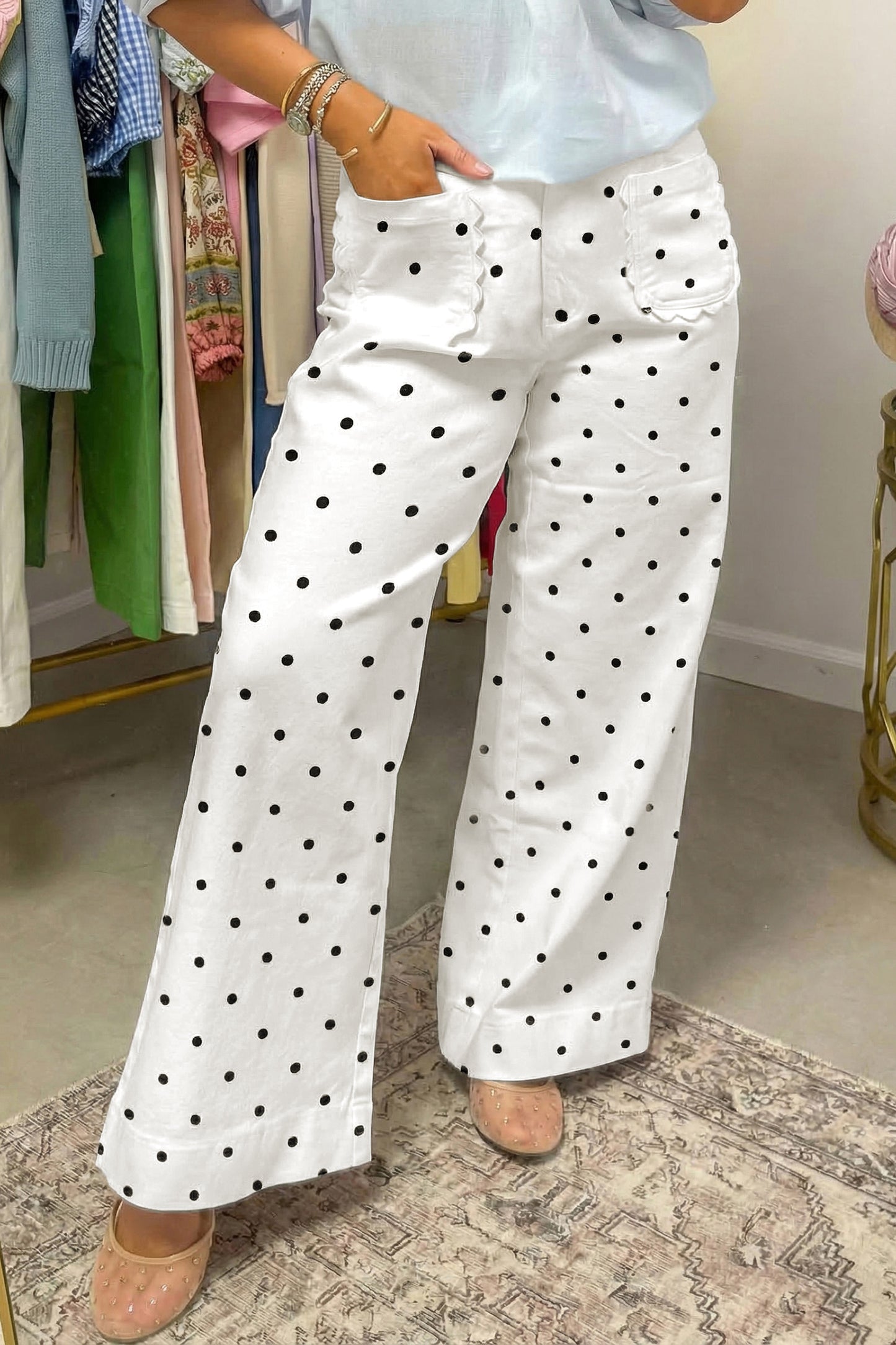 White Polka Dot Print Scalloped Patch Pocket Cotton Shift Pants-Bottoms/Pants & Culotte-[Adult]-[Female]-2022 Online Blue Zone Planet