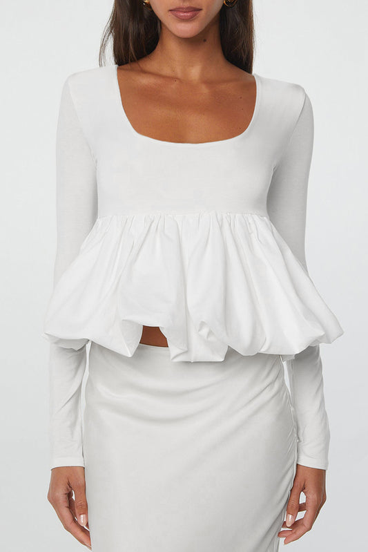 Blue Zone Planet | White U Neck Long Sleeve Bubble Hem Top-Tops/Blouses & Shirts-[Adult]-[Female]-White-S-2022 Online Blue Zone Planet