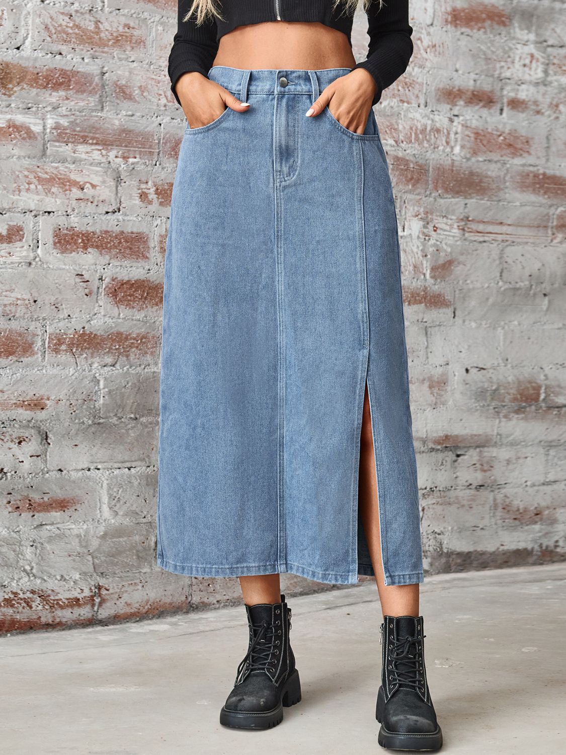 Slit High Waist Denim Skirt with Pockets-[Adult]-[Female]-2022 Online Blue Zone Planet