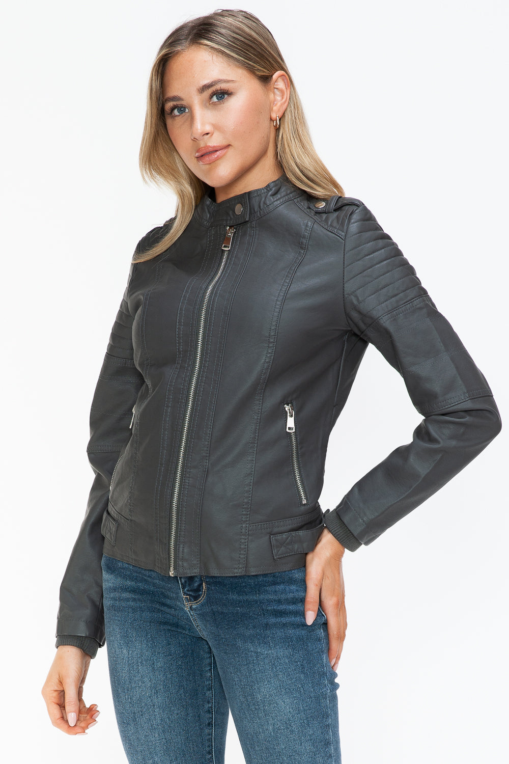 Blue Zone Planet | Snobbish PU Leather Biker Jacket with Side Zip Pockets-TOPS / DRESSES-[Adult]-[Female]-2022 Online Blue Zone Planet