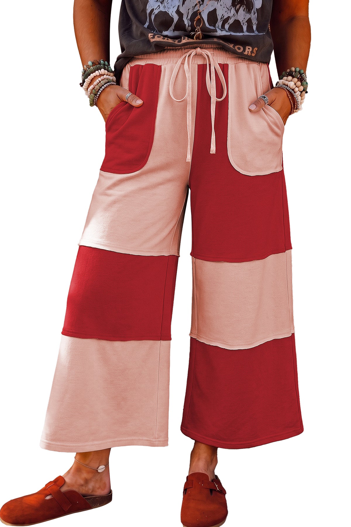 Fiery Red Raw Seam Colorblock Wide Leg Ankle Length Casual Pants-Bottoms/Pants & Culotte-[Adult]-[Female]-2022 Online Blue Zone Planet