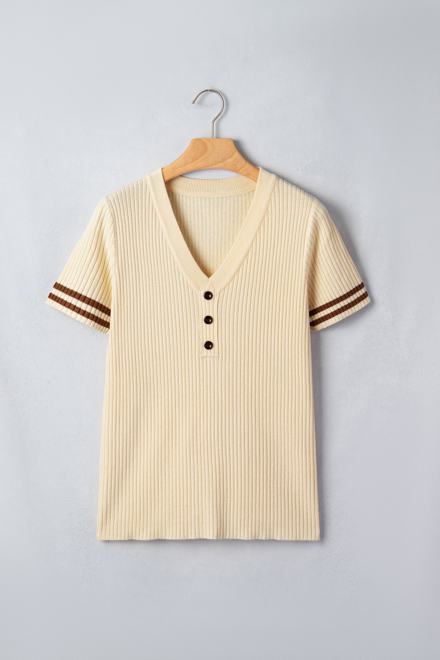 Apricot V Neck Ribbed Knit Striped Trim Short Sleeve Sweater-Sweaters & Cardigans/Short Sleeve Sweaters-[Adult]-[Female]-2022 Online Blue Zone Planet