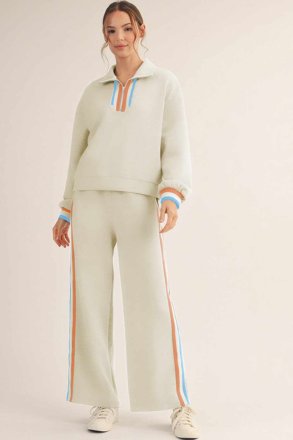 Apricot Striped Patchwork Quarter Zip Pullover Loose Pant Set-Two Piece Sets/Pant Sets-[Adult]-[Female]-2022 Online Blue Zone Planet