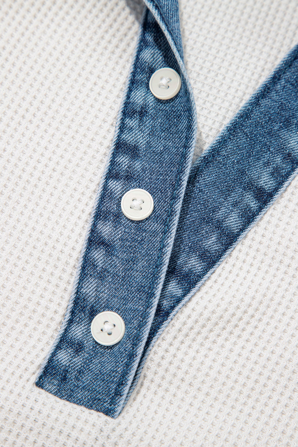White Textured Color Block Denim Patchwork Polo Collar Tee-Tops/Tops & Tees-[Adult]-[Female]-2022 Online Blue Zone Planet