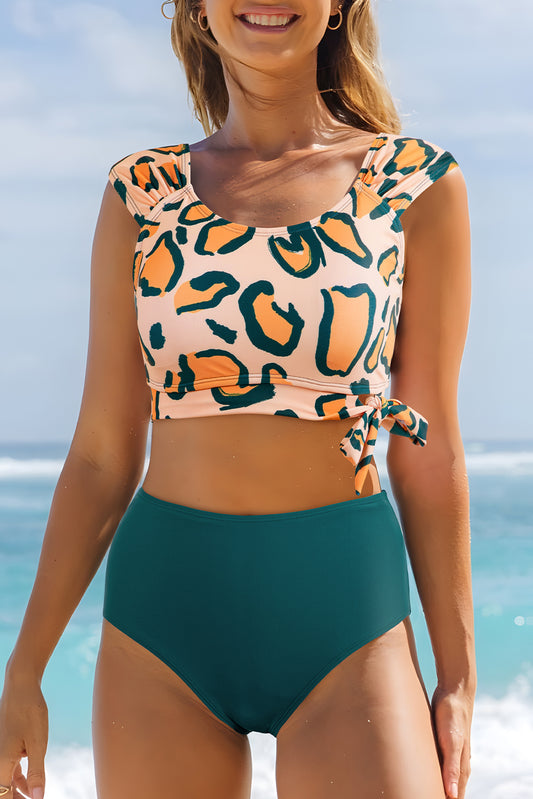 Green Leopard Print U Neck Knotted High Waist Bikini Set-Swimwear/High Waisted Swimsuit-[Adult]-[Female]-Green-S-2022 Online Blue Zone Planet