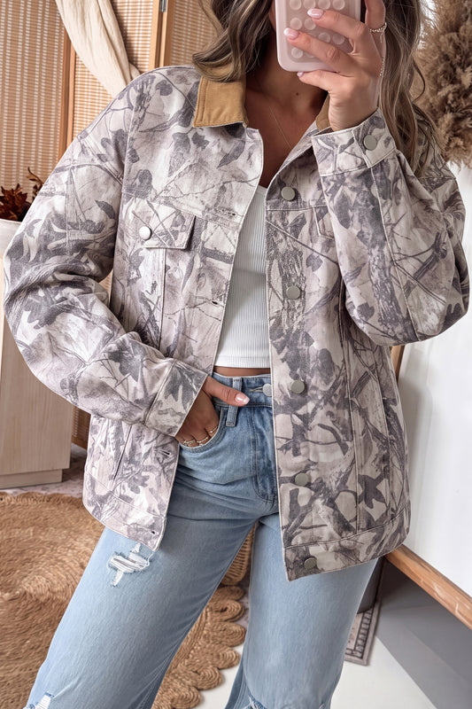Gray Abstract Camo Print Colorblock Collar Oversized Shift Silhouette Denim Jacket-Outerwear/Denim jackets-[Adult]-[Female]-Gray-S-2022 Online Blue Zone Planet