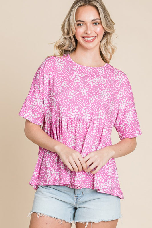 BOMBOM Floral Round Neck Peplum Blouse-TOPS / DRESSES-[Adult]-[Female]-Pink-S-2022 Online Blue Zone Planet