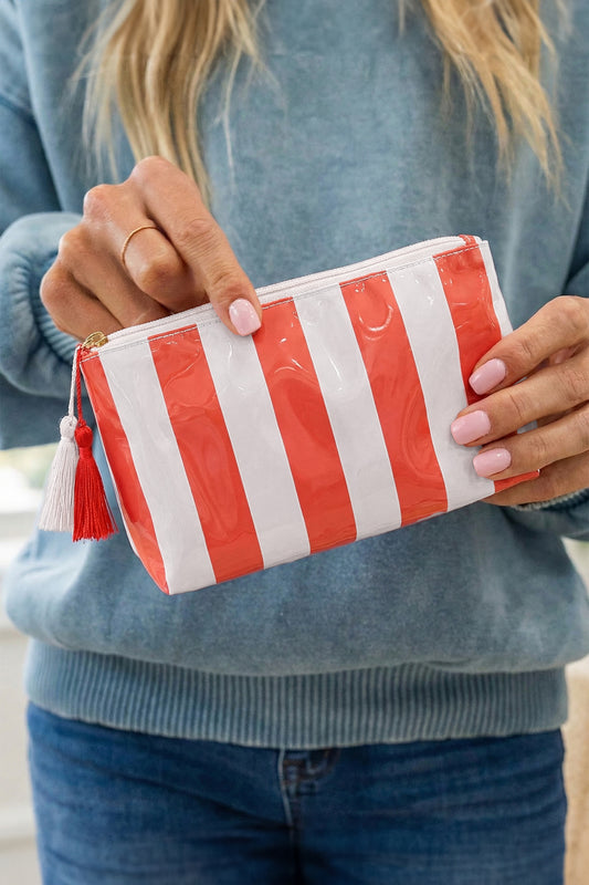 Carrot Striped Vinyl Waterproof Tassel Zipper Makeup Bag-Shoes & Bags/Makeup Bags-[Adult]-[Female]-Carrot-ONE SIZE-2022 Online Blue Zone Planet