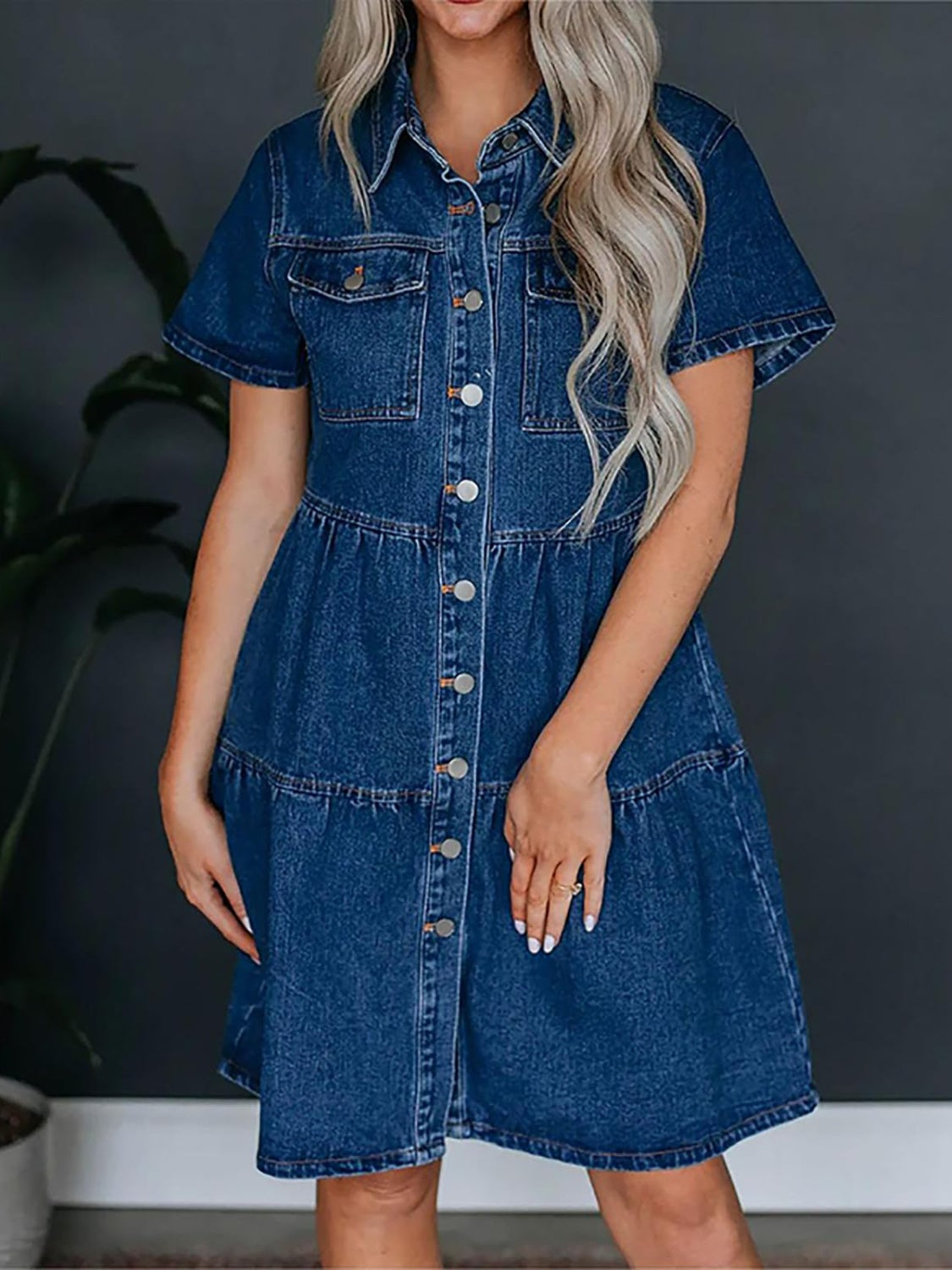 Pocketed Button Up Collared Neck Short Sleeve Denim Dress-TOPS / DRESSES-[Adult]-[Female]-2022 Online Blue Zone Planet