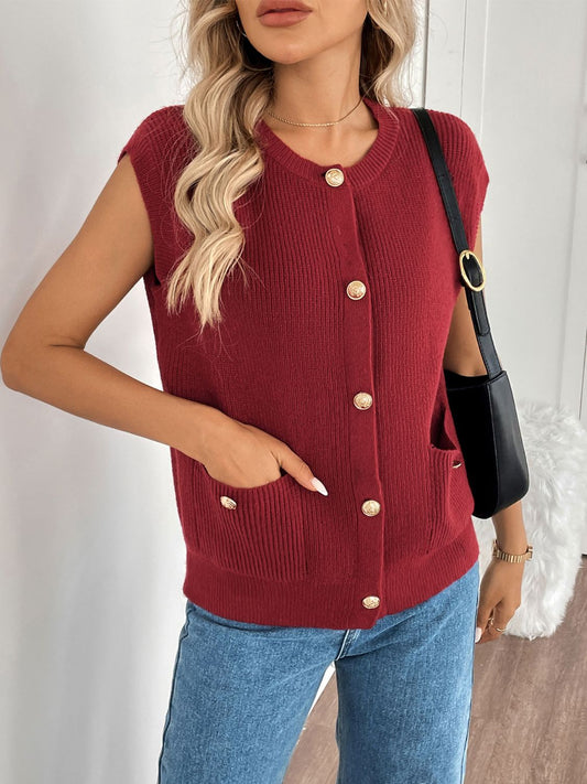 Blue Zone Planet | Perfee Pocketed Round Neck Cap Sleeve Cardigan-TOPS / DRESSES-[Adult]-[Female]-Rust-S-2022 Online Blue Zone Planet