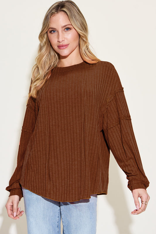 Basic Bae Full Size Ribbed Round Neck Long Sleeve T-Shirt-TOPS / DRESSES-[Adult]-[Female]-Dark Brown-S-2022 Online Blue Zone Planet