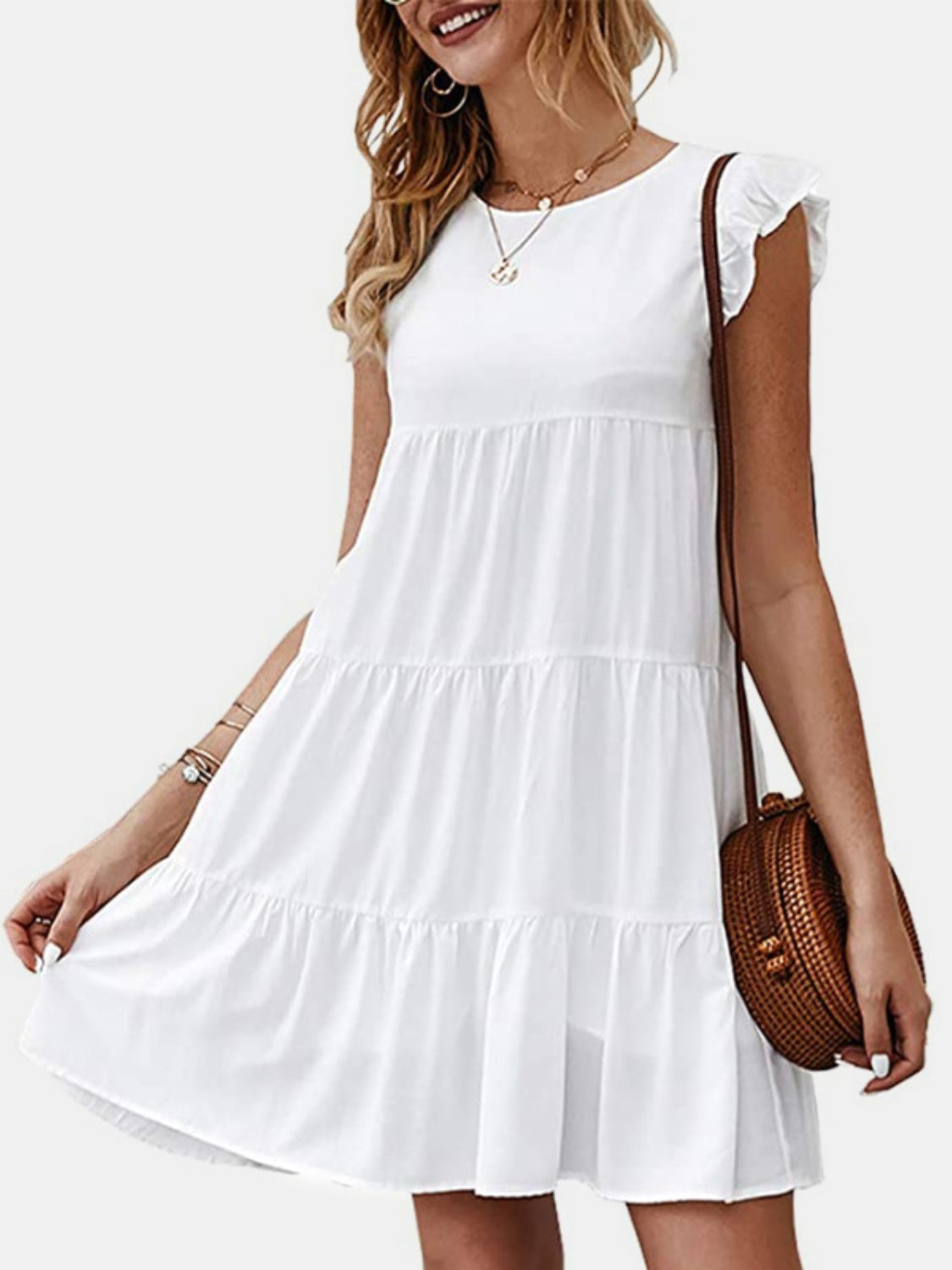 Ruffled Round Neck Cap Sleeve Mini Dress-TOPS / DRESSES-[Adult]-[Female]-White-S-2022 Online Blue Zone Planet