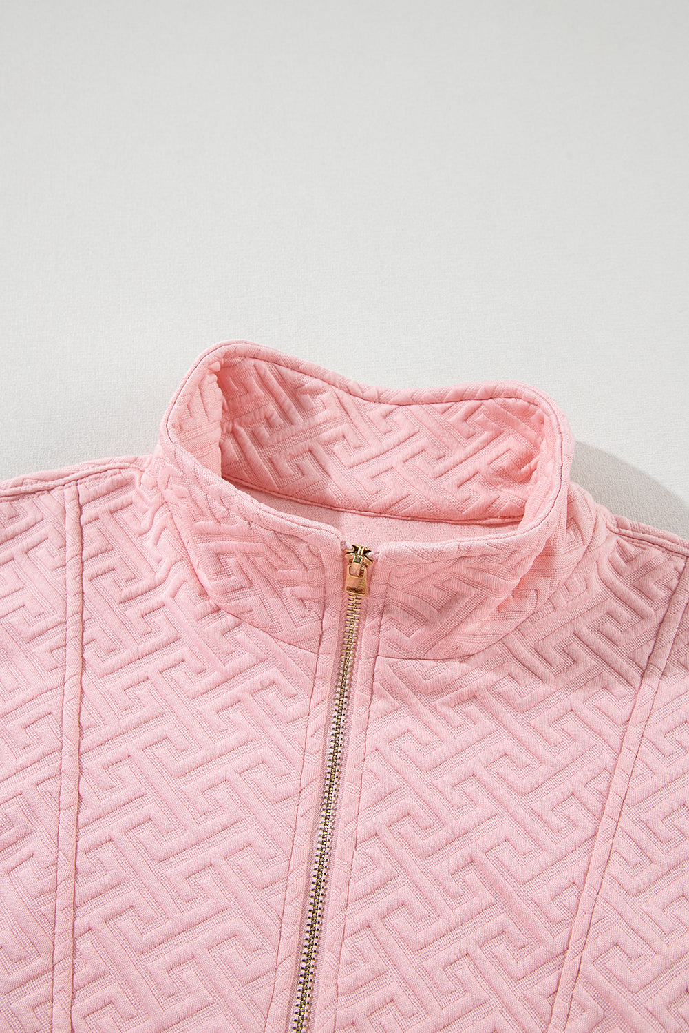 Light Pink Solid Textured Half Zipper Collared Sweatshirt-Sweatshirts & Hoodies-[Adult]-[Female]-2022 Online Blue Zone Planet