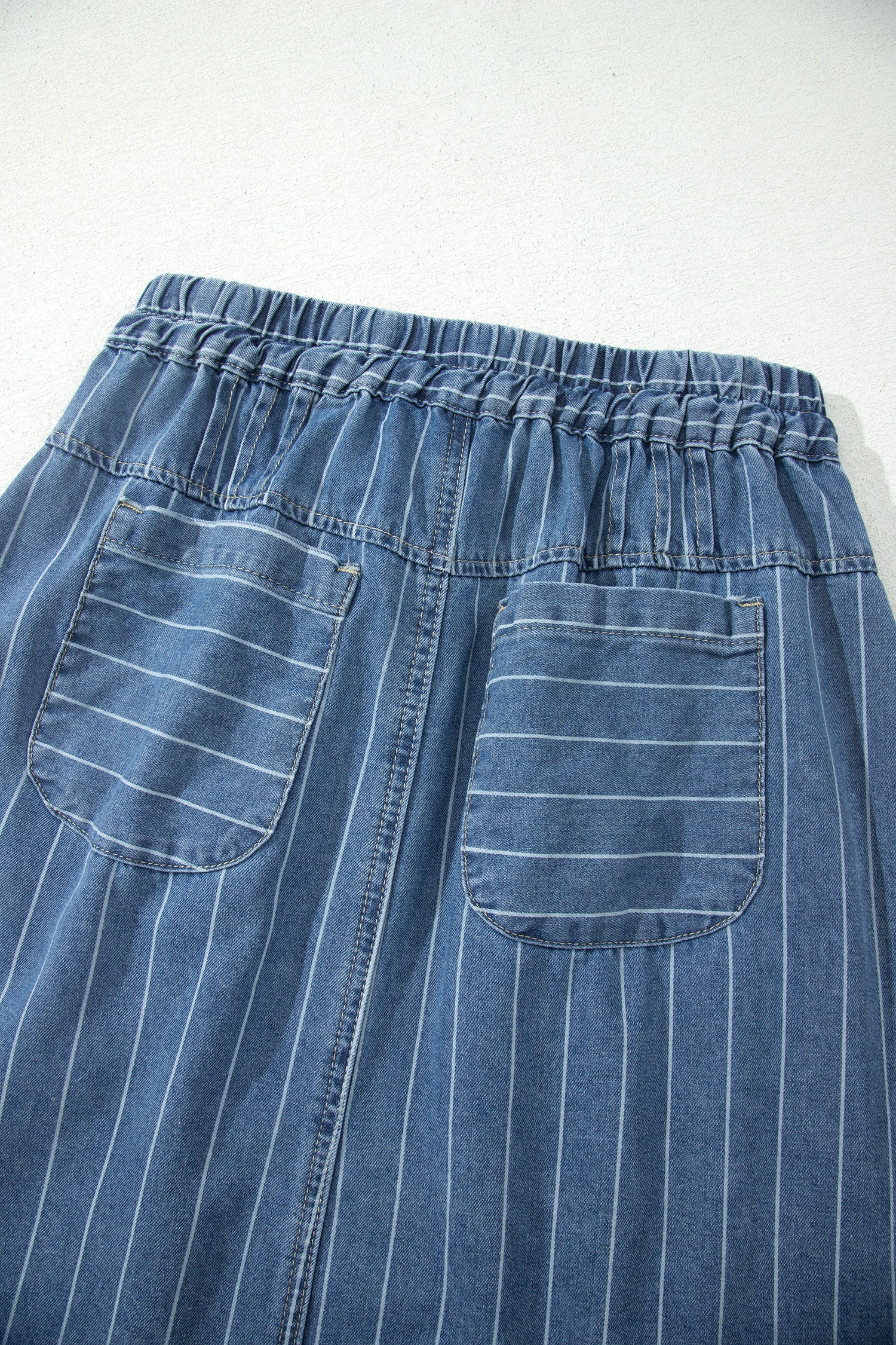 Sky Blue Stripe Button Pintuck High Waist Drawstring Denim Midi Skirt-Bottoms/Skirts & Petticoat-[Adult]-[Female]-2022 Online Blue Zone Planet