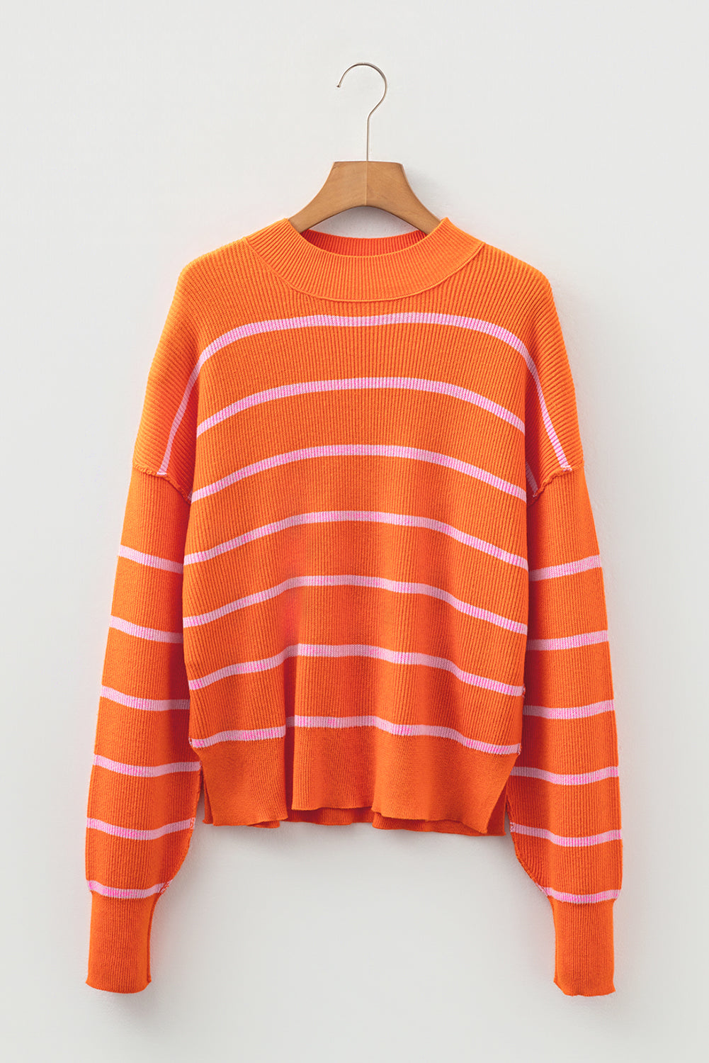Orange Stripe Ribbed High Neck Drop Shoulder Boxy Fit Sweater-TOPS / DRESSES-[Adult]-[Female]-2022 Online Blue Zone Planet
