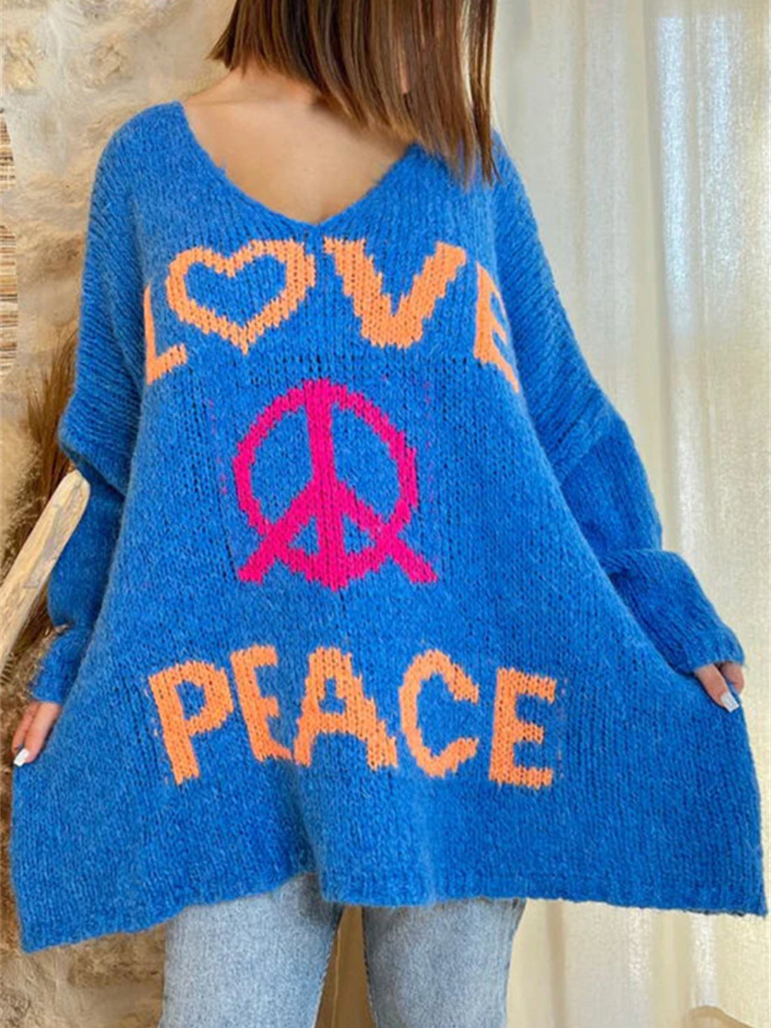 Peace Graphic V-Neck Long Sleeve Sweater-TOPS / DRESSES-[Adult]-[Female]-Royal Blue-S-2022 Online Blue Zone Planet