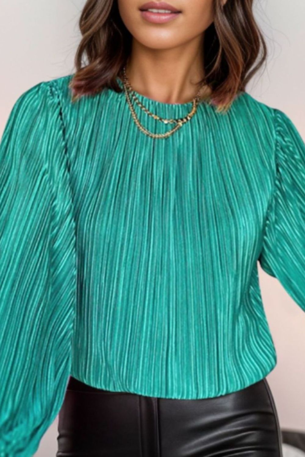 Round Neck Balloon Sleeve Blouse-TOPS / DRESSES-[Adult]-[Female]-Turquoise-S-2022 Online Blue Zone Planet