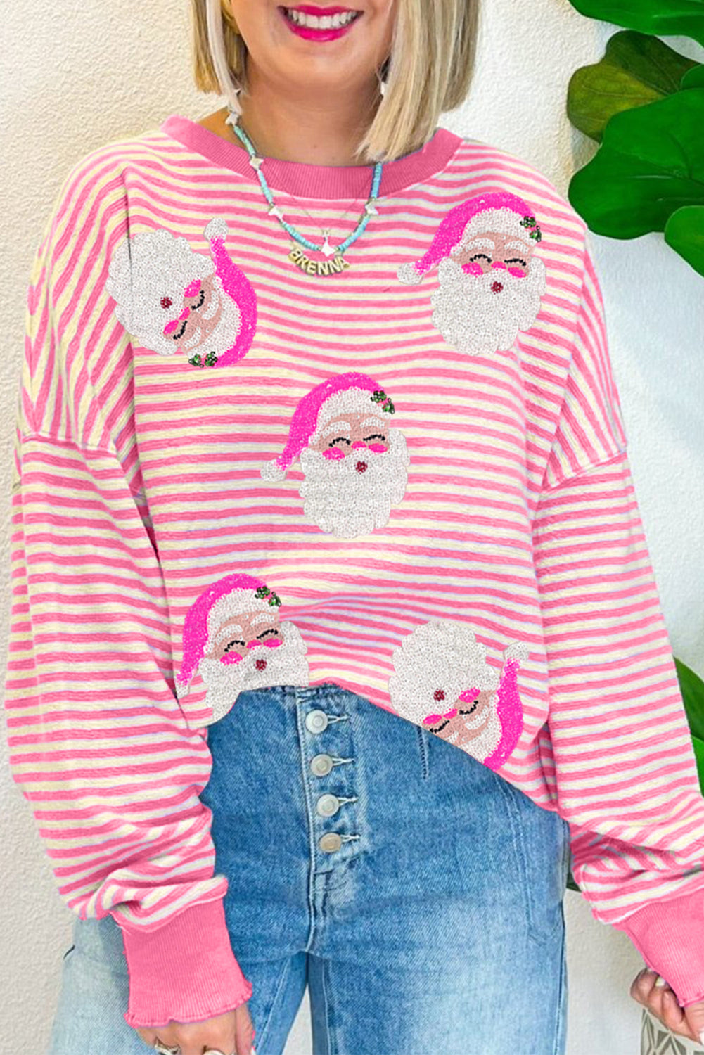 Pink Stripe Santa Clause Print Drop Shoulder Long Sleeve Loose Top-Graphic Tees-[Adult]-[Female]-Pink Stripe-S-2022 Online Blue Zone Planet