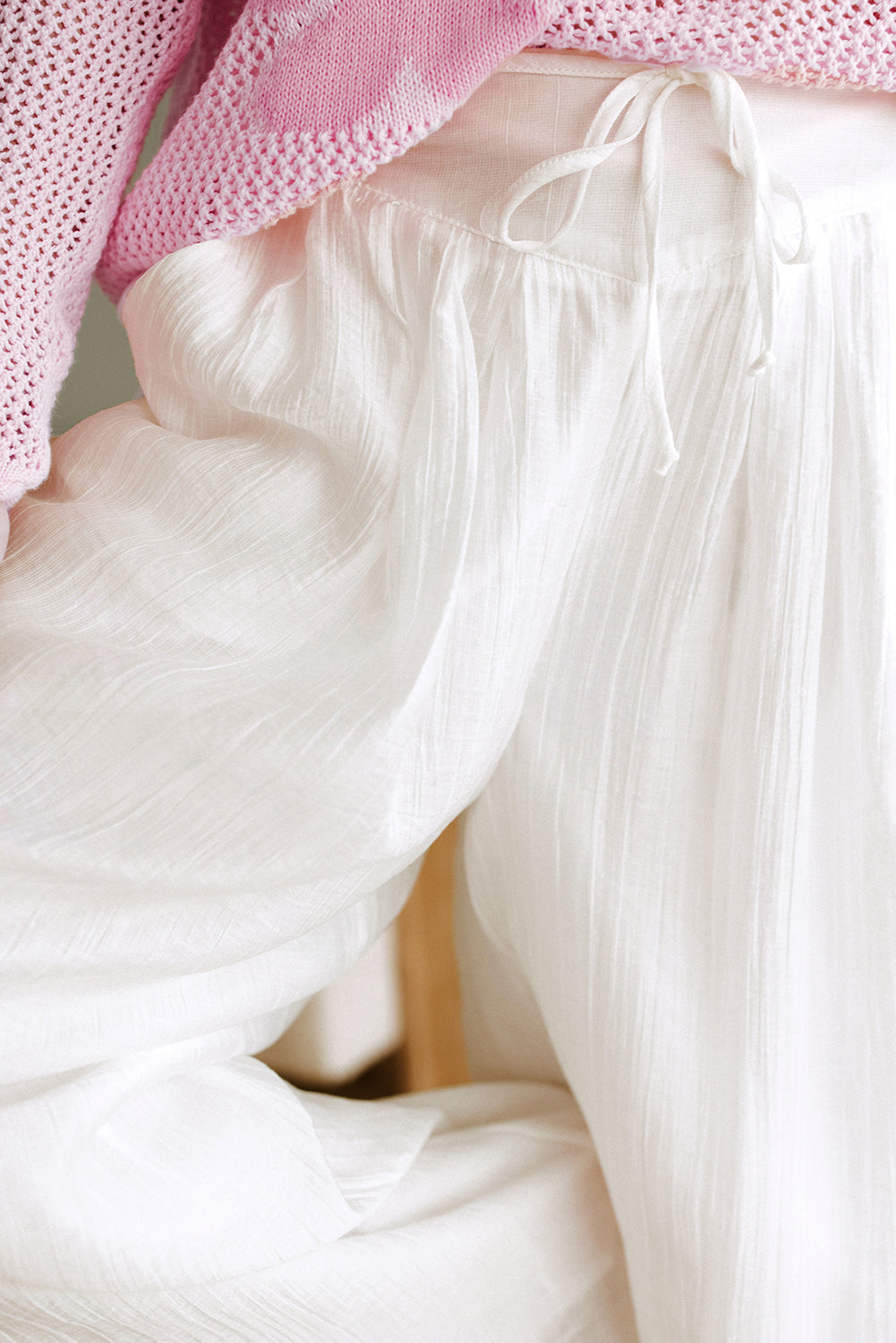White Casual Tie Waist Pleated Wide Leg Pants-Bottoms/Pants & Culotte-[Adult]-[Female]-2022 Online Blue Zone Planet