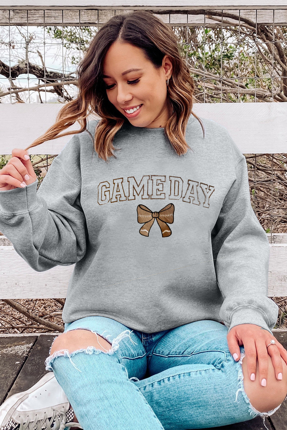 Gray GAME DAY Rugby Bow Embroidered Casual Sweatshirt-Graphic/Graphic Sweatshirts-[Adult]-[Female]-2022 Online Blue Zone Planet