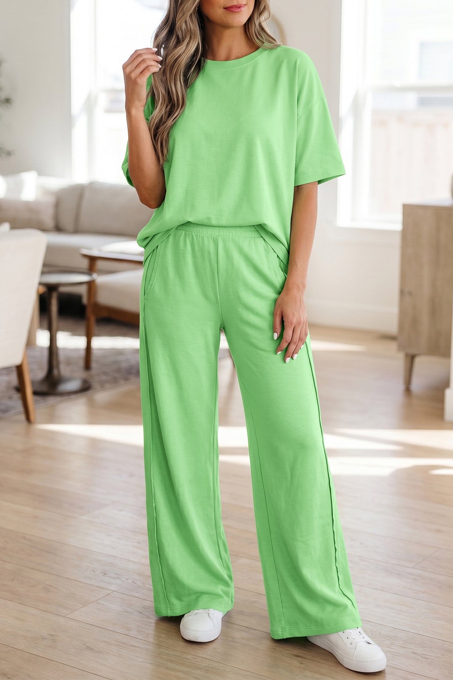 Green Solid Cover Oversize Tee Pocketed Casual Pants 2pcs Outfit-Two Piece Sets/Pant Sets-[Adult]-[Female]-2022 Online Blue Zone Planet