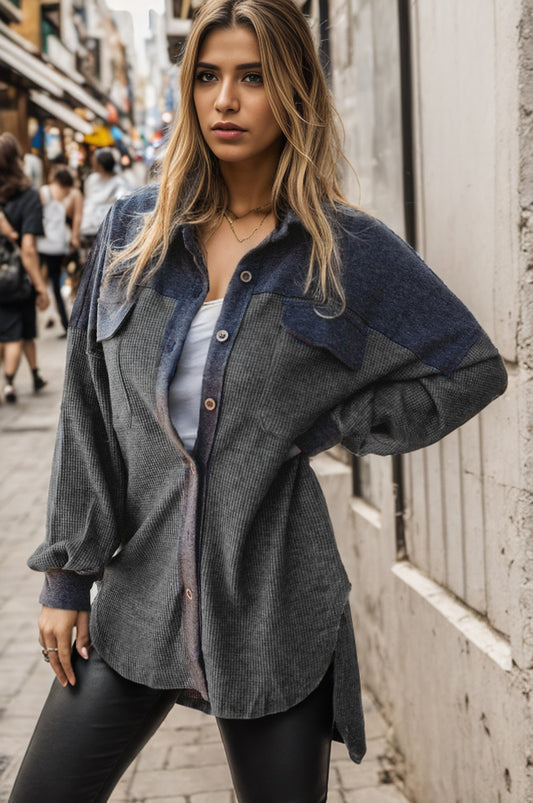 Pocketed Button Up Dropped Shoulder Jacket-TOPS / DRESSES-[Adult]-[Female]-Dark Gray-S-2022 Online Blue Zone Planet