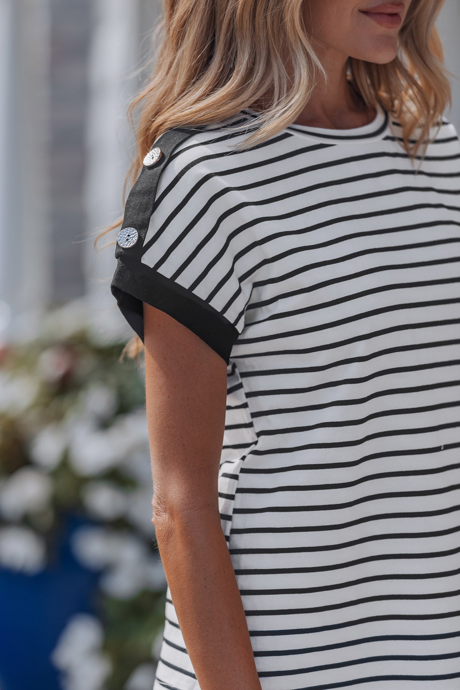 Black Stripe Cuffed Sleeve Button Detail Loose Tee-Tops/Tops & Tees-[Adult]-[Female]-2022 Online Blue Zone Planet
