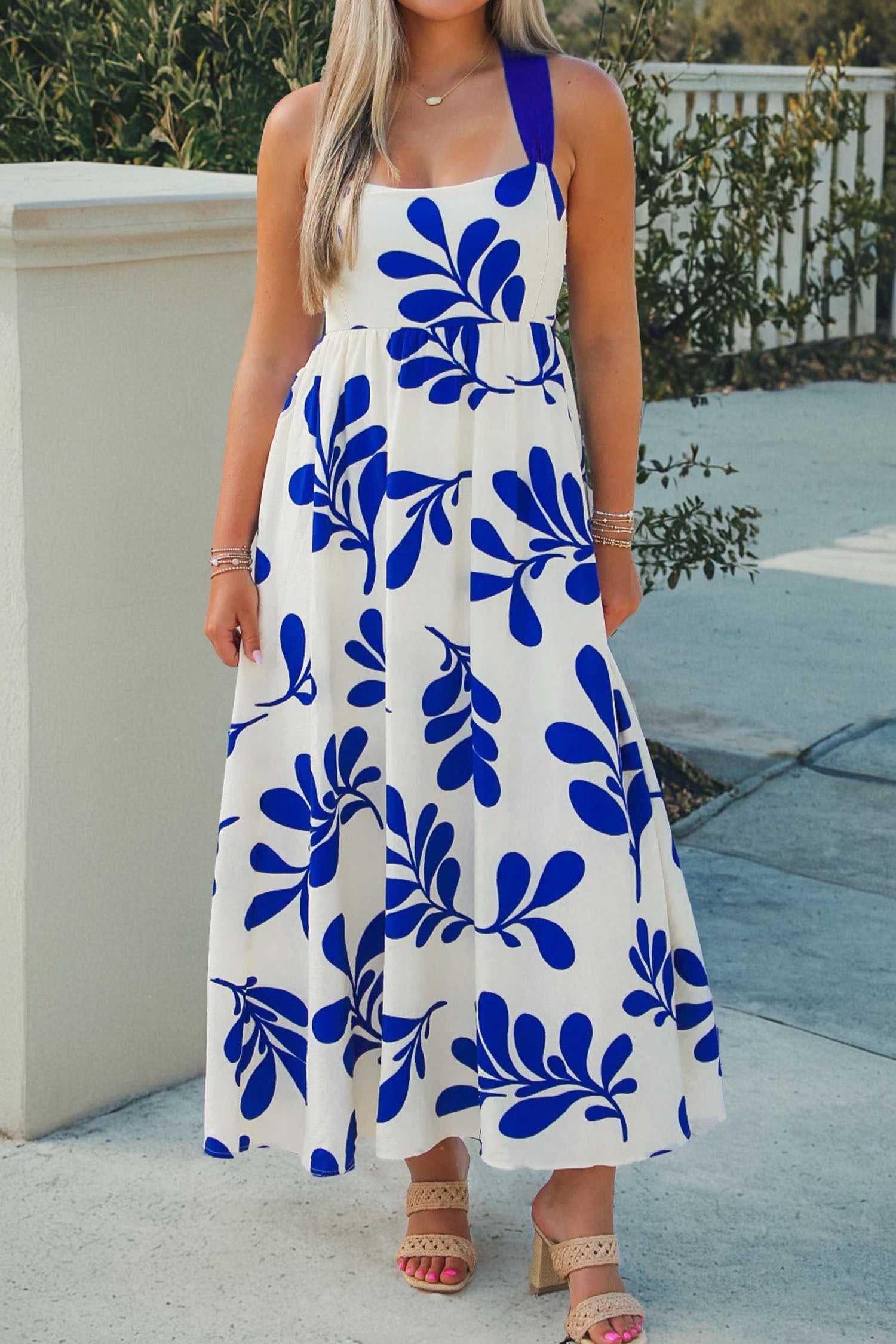 Blue Floral Print Crisscross Tie Back Sleeveless Long Dress-TOPS / DRESSES-[Adult]-[Female]-2022 Online Blue Zone Planet