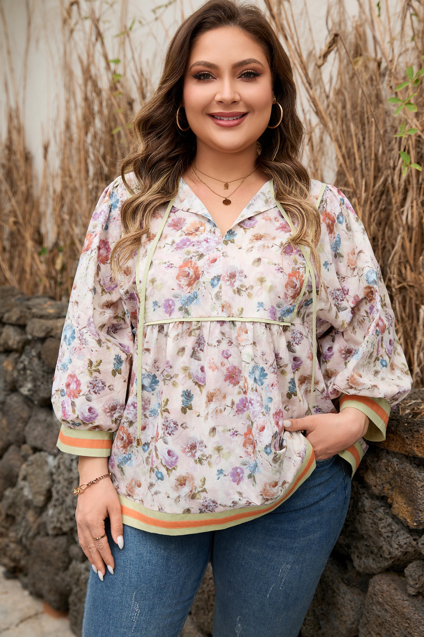 Black Plus Size Floral Print Contrast Trim Striped Detail Babydoll Blouse-Plus Size/Plus Size Tops/Plus Size Blouses & Shirts-[Adult]-[Female]-2022 Online Blue Zone Planet