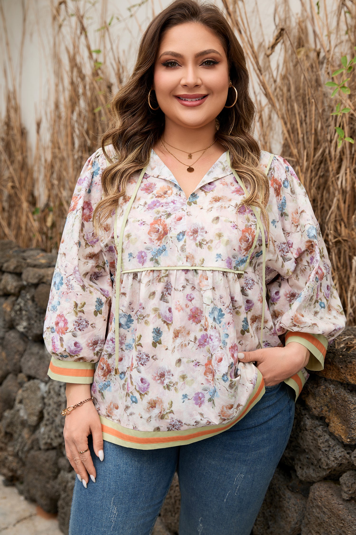 Black Plus Size Floral Print Contrast Trim Striped Detail Babydoll Blouse-Plus Size/Plus Size Tops/Plus Size Blouses & Shirts-[Adult]-[Female]-2022 Online Blue Zone Planet