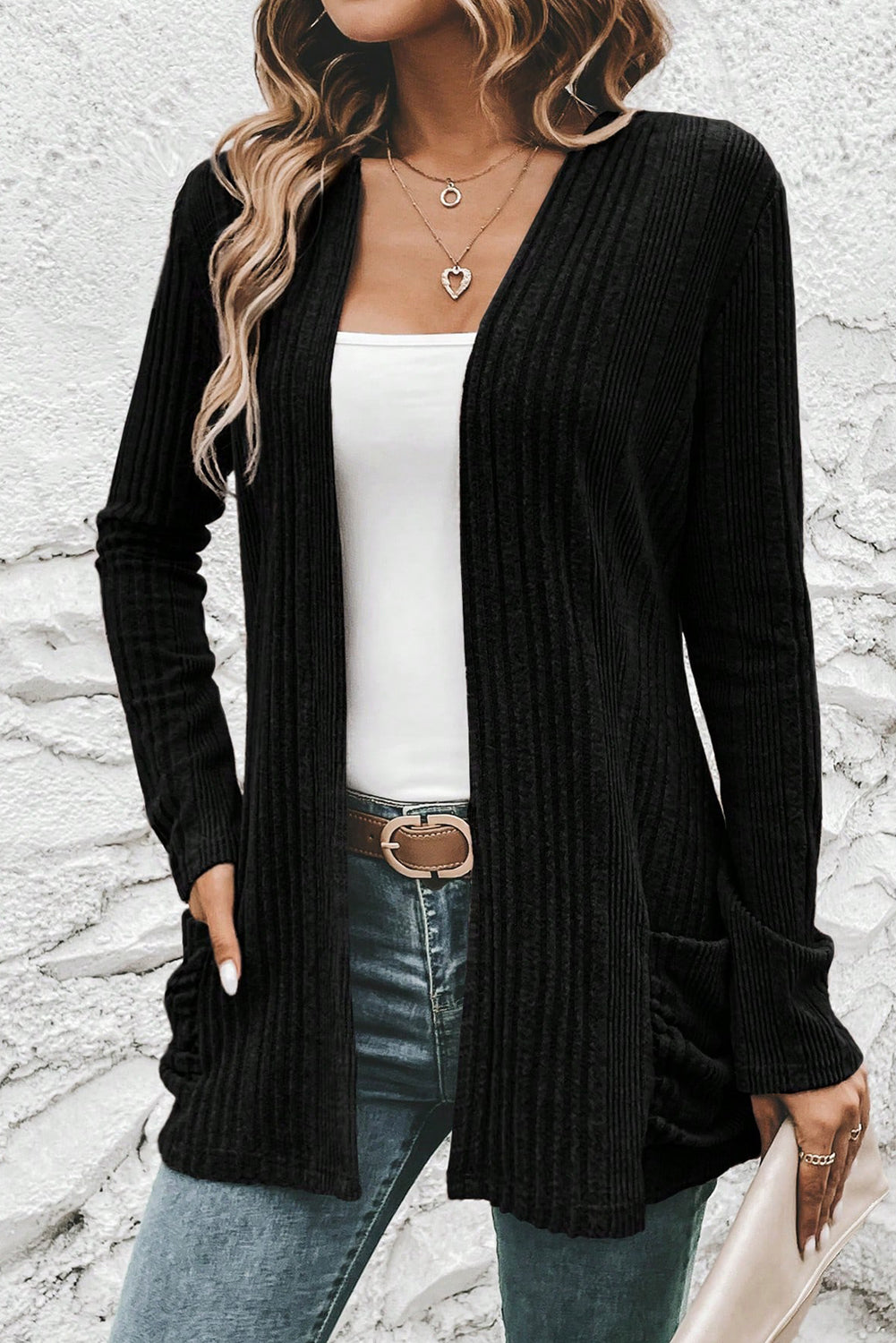 Black Ribbed Open Front Knitted Top with Pockets-Sweaters & Cardigans/Cardigans-[Adult]-[Female]-2022 Online Blue Zone Planet