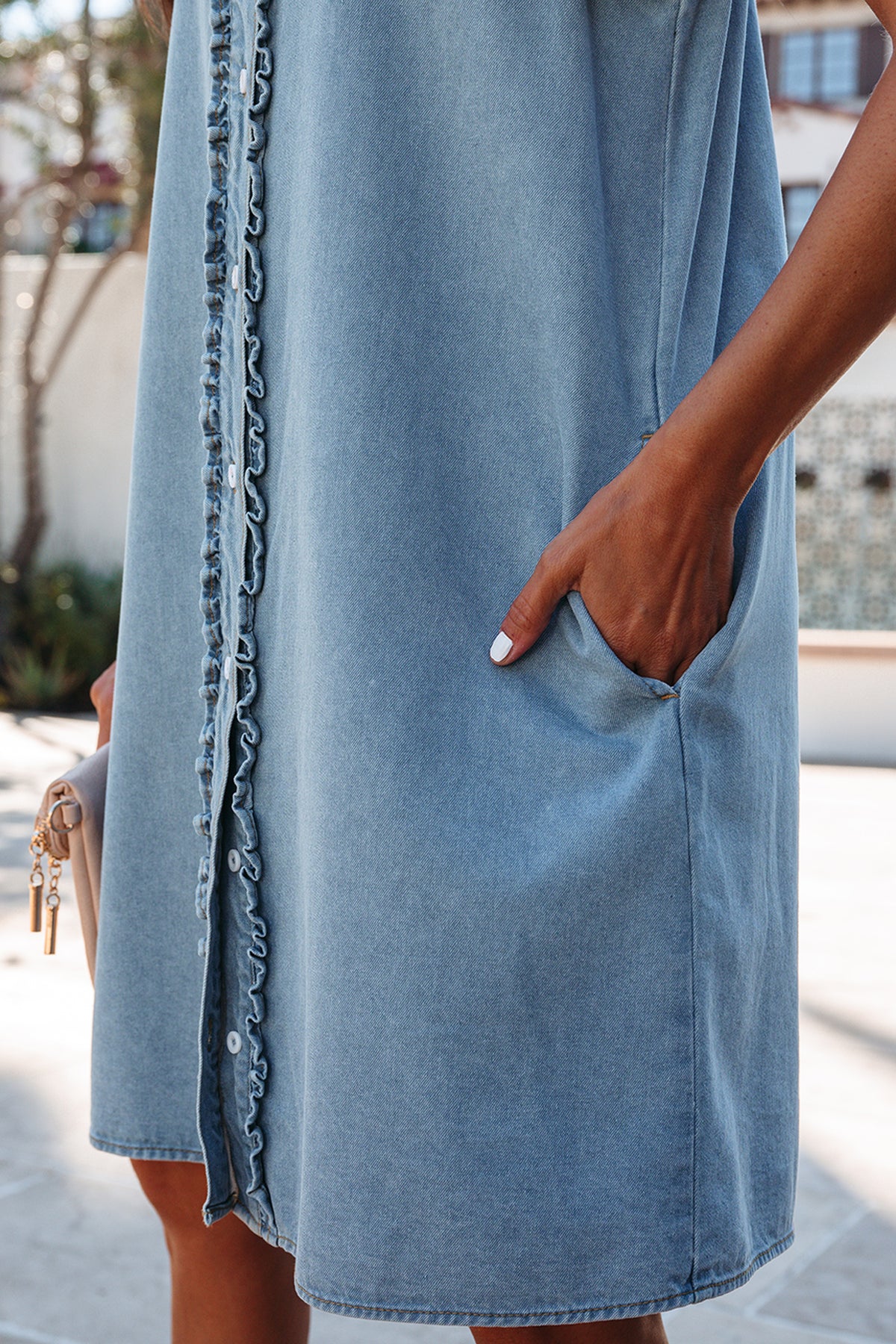 Myosotis Frilled Detail Button Down Ruffle Short Sleeve Denim Mini Dress