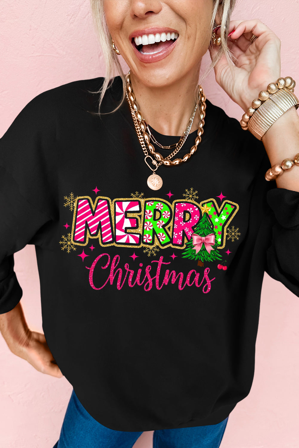 Black MERRY Christmas Playful Letter Print Drop Shoulder Sweatshirt-Graphic/Graphic Sweatshirts-[Adult]-[Female]-Black-S-2022 Online Blue Zone Planet