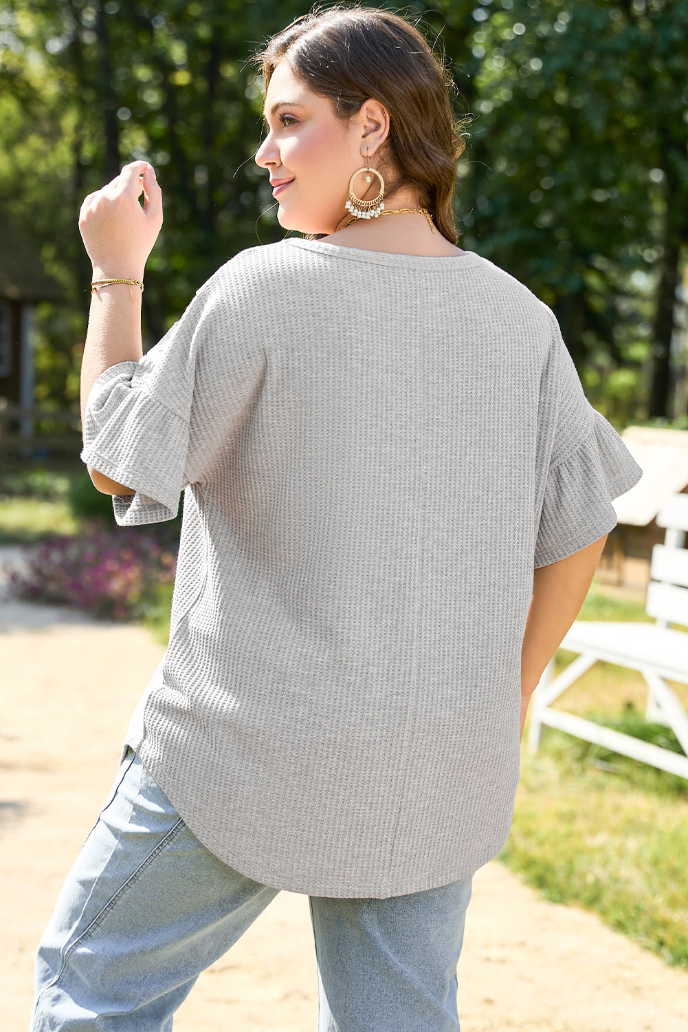 Light Grey Lace Insert Waffle Ruffle Short Sleeve Plus Size Top-Plus Size/Plus Size Tops/Plus Size Tops & Tees-[Adult]-[Female]-2022 Online Blue Zone Planet