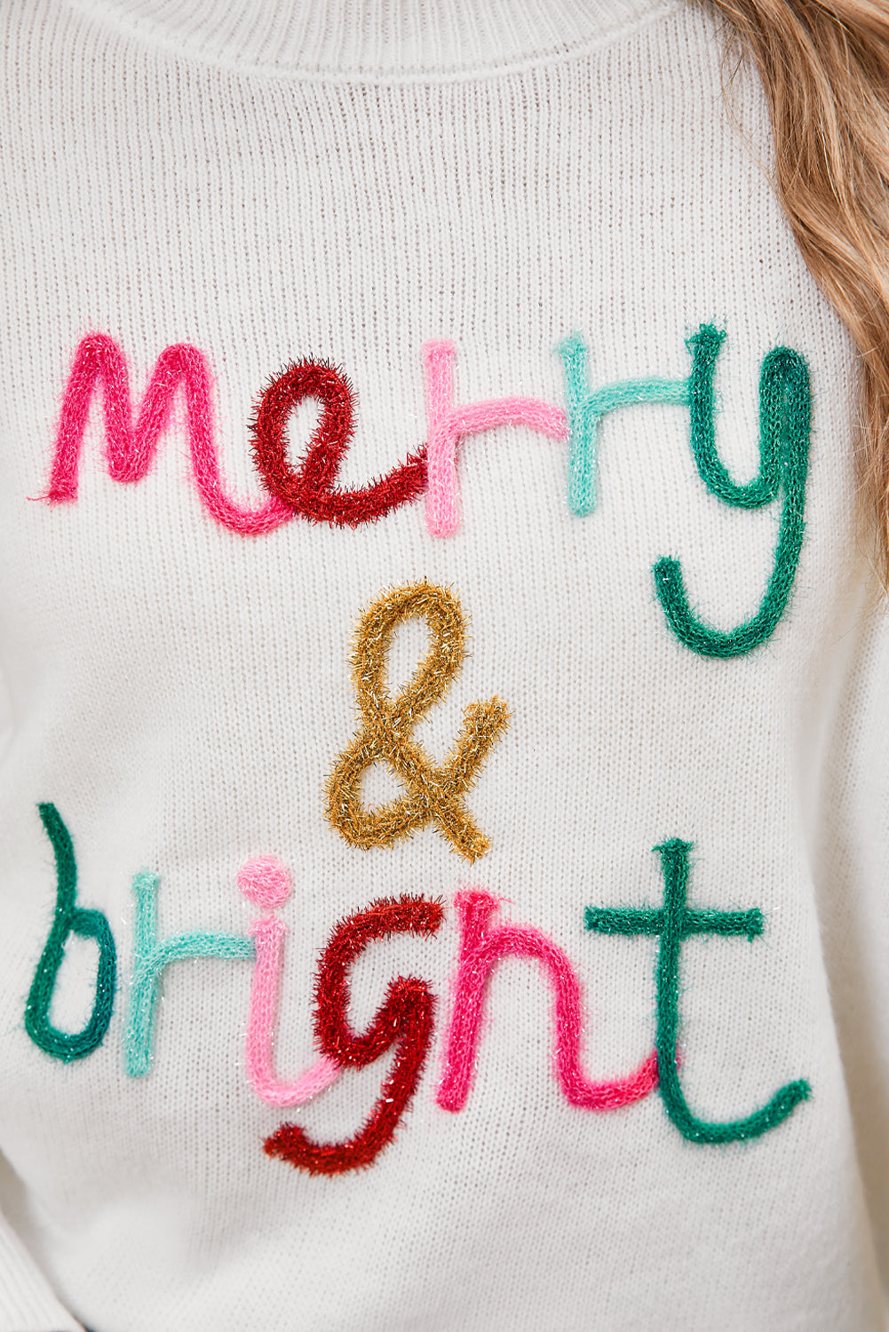 White Glitter Merry & Bright Round Neck Knit Sweater-Sweaters-[Adult]-[Female]-2022 Online Blue Zone Planet