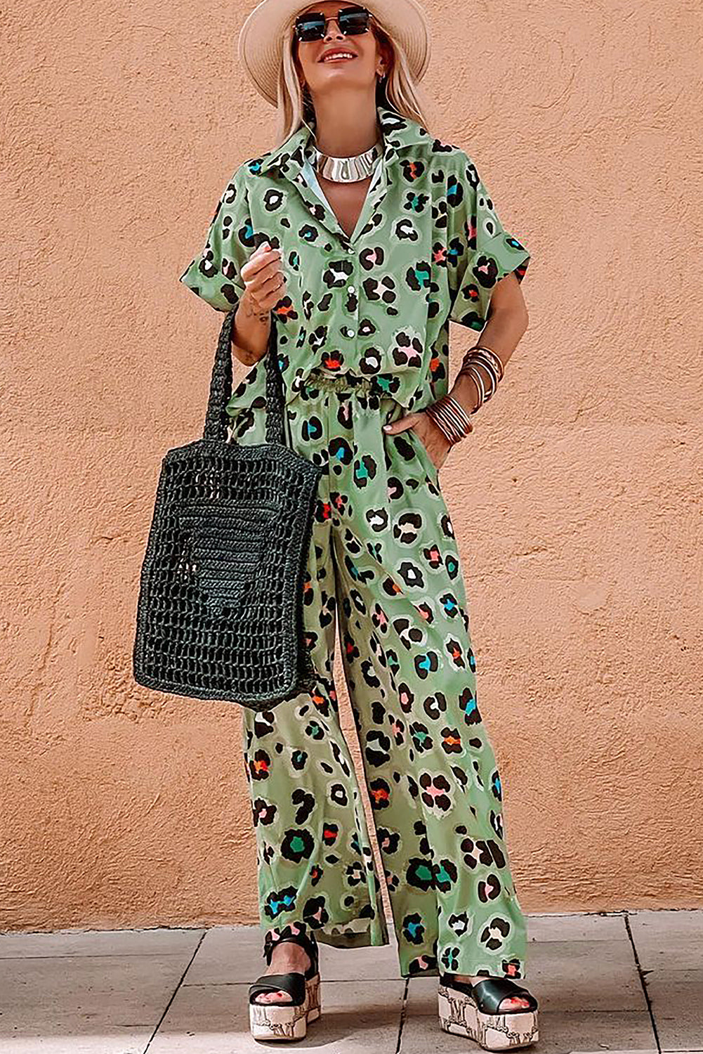 Green Leopard Print Short Sleeve Shirt and Wide Leg Pants Set-Two Piece Sets/Pant Sets-[Adult]-[Female]-2022 Online Blue Zone Planet
