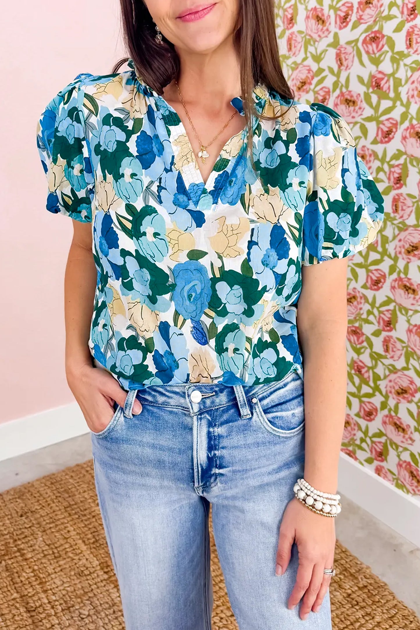 Sky Blue Floral Print Short Puff Sleeve V Neck Blouse-Tops/Blouses & Shirts-[Adult]-[Female]-Sky Blue-S-2022 Online Blue Zone Planet