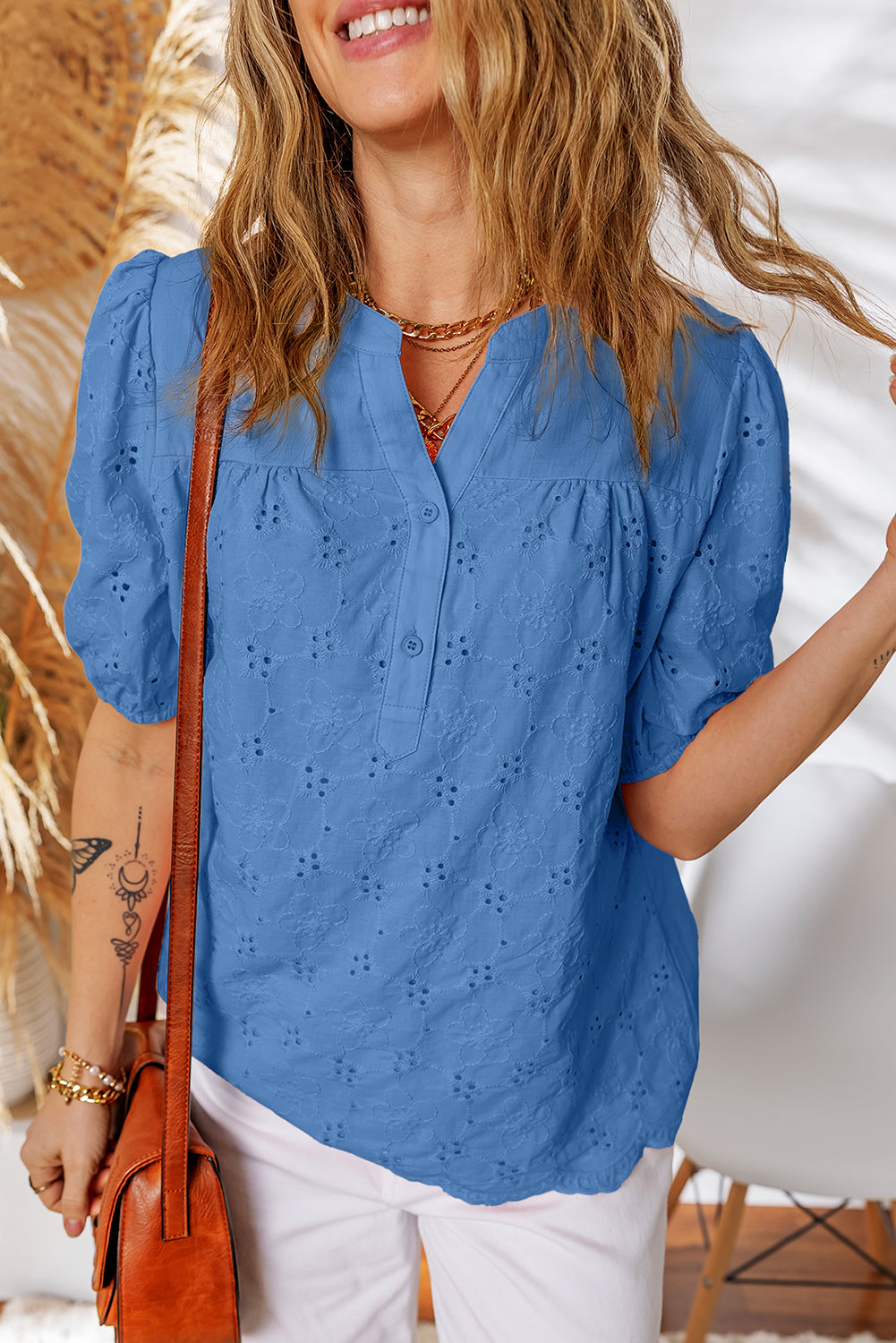 Sky Blue Lace Crochet V Neck Half Sleeve Embroidery Button Down Blouses Casual Shirts-Blouses & Shirts-[Adult]-[Female]-2022 Online Blue Zone Planet