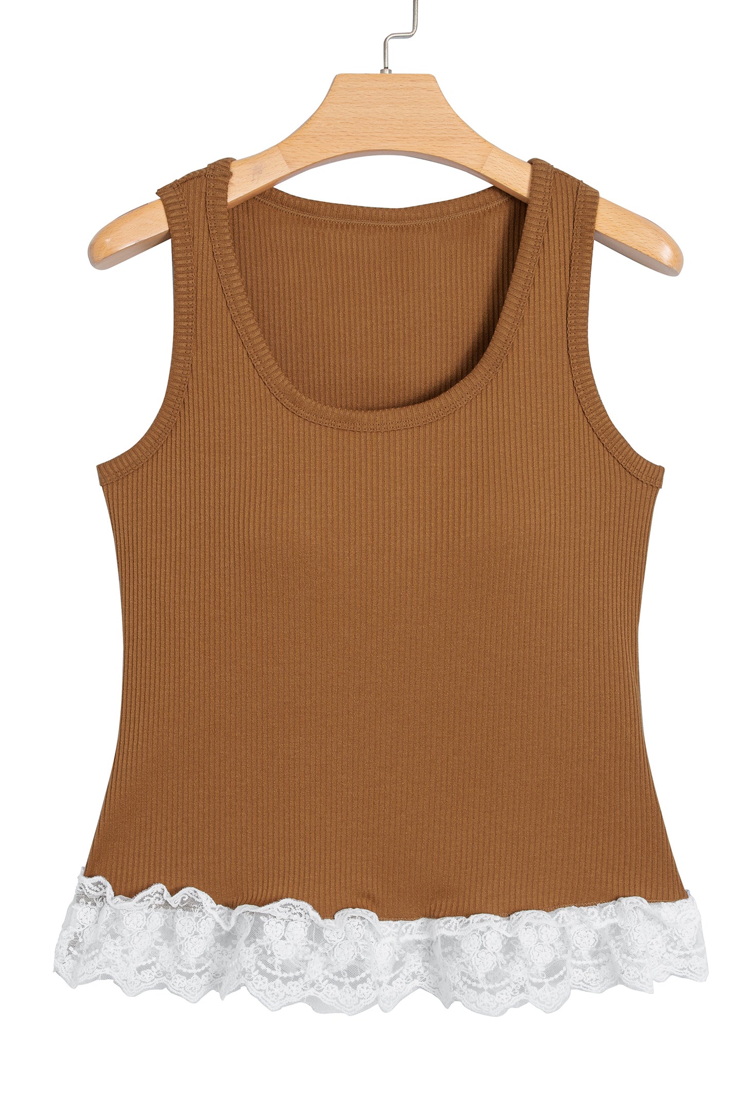 Beige Ribbed Knit Sweet Lace Hem Vest-Tops/Tank Tops-[Adult]-[Female]-2022 Online Blue Zone Planet