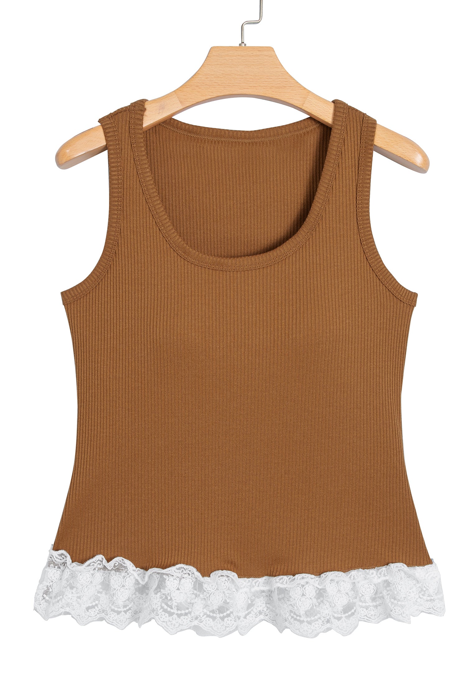 Beige Ribbed Knit Sweet Lace Hem Vest-Tops/Tank Tops-[Adult]-[Female]-2022 Online Blue Zone Planet